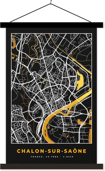 Posterhanger incl. Poster 40x60 cm - Schoolplaat - Chalon-sur-Saône - Kaart - Stadskaart - Frankrijk - Plattegrond - Textielposter - Zwarte latten - Stadskaart