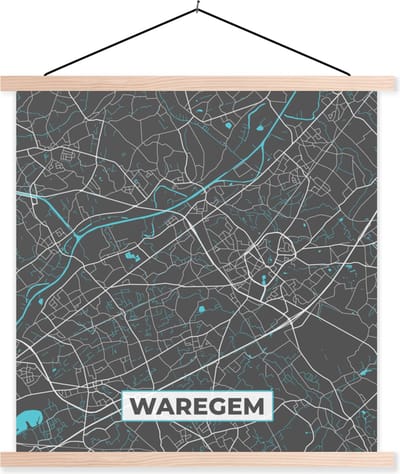 Posterhanger incl. Poster 40x40 cm - Schoolplaat - Stadskaart – Grijs - Kaart – Waregem – België – Plattegrond - Textielposter - Blanke latten - Stadskaart