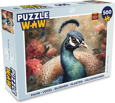 Puzzel Pauw - Vogel - Bloemen - Planten - Pauwenveren - Legpuzzel - Puzzel 500 stukjes