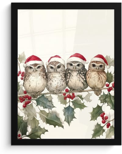 Poster in lijst - Fotolijst 30x40 cm - Posters - Uilen - Tak - Hulstblaadjes - Kerstmuts - Posterlijst zwart - Decoratie - Wanddecoratie woonkamer - Muurdecoratie slaapkamer - Kerstversiering - Kerstdecoratie voor binnen - Kerstmis