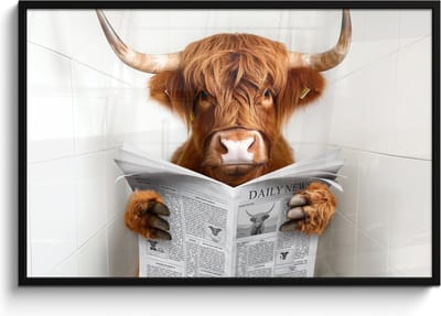 Poster in lijst - Fotolijst 120x80 cm - Posters - Schotse Hooglander - Dier - Krant - Toilet - Posterlijst zwart - Wanddecoratie badkamer - Muurdecoratie WC - Decoratieve accessoires - Toilet muur decoratie