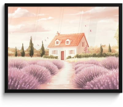 Poster in lijst - Fotolijst 70x50 cm - Posters - Lavendelveld - Huis - Paars - Posterlijst zwart - Decoratie - Wanddecoratie woonkamer - Muurdecoratie slaapkamer