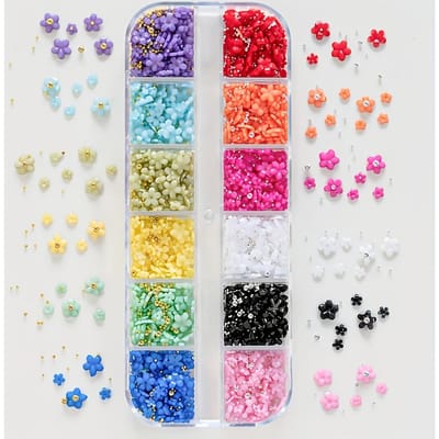 Chinese Stijl 12-Vakjes Kleurrijke Vijfbladige Bloemen Nagellak Accessoires, Gemengde Maten Harsbloemen en Gouden & Zilveren Kralen