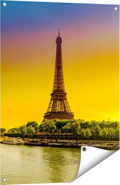 Gards Tuinposter Eiffeltoren in Parijs tijdens Zonsopgang - 60x80 cm - Tuindoek - Tuindecoratie - Wanddecoratie buiten - Tuinschilderij