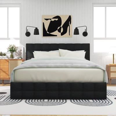 VVBV Gestoffeerd Opbergbed 140x200 cm - Opbergruimte, Bureau, Lattenbodem, Verstelbaar Hoofdbord - Metaal/Linnen Zwart