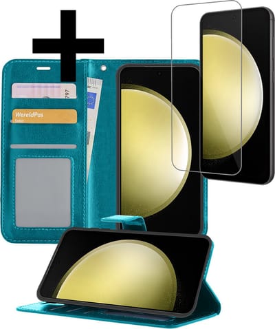 Hoesje - Met Screenprotector - Geschikt voor Samsung Galaxy S23 FE - Luxe Pasjeshouder - Bookcase Portemonee - Flip Case - Kunstleer Book Case - Flipcase - Book Cover - Walletcase - Portemonneehoes - Telefoonhoesjes - Turquoise