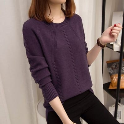 Pull Femme Automne et Hiver Col Rond Pull Manches Longues Court Chemise de Fond Femme Manteau Ample XL violet foncé