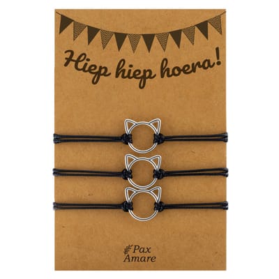 Vriendschapsarmbandjes voor 3 "Hiep hiep hoera" - Schattig Katje - BFF Armbandjes met Cadeau Kaartje - Zwart & Zilverkleurig - Katje / Poesje Armband - Pax Amare
