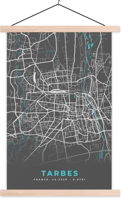 Posterhanger incl. Poster 40x60 cm - Schoolplaat - Tarbes - Frankrijk - Plattegrond - Kaart - Stadskaart - Textielposter - Blanke latten - Stadskaart