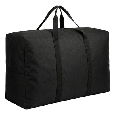 Zwarte reistas grote opbergtas unisex extra ruim rechthoekig model met dubbele handgrepen en ritssluiting geschikt voor reizen verhuizing en opslag 80x48x25 cm weekendtas