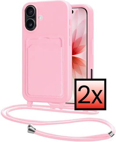 Hoes Geschikt voor iPhone 17 Hoesje Pasjeshouder Cover Met Koord Case Siliconen Hoes Met Telefoonkoord en Kaarthouder - Lichtroze - 2 PACK