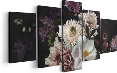 Artaza Canvas Schilderij Vijfluik Diverse Bloemen Op Zwart Achtergrond - 100x50 - Foto Op Canvas - Canvas Print