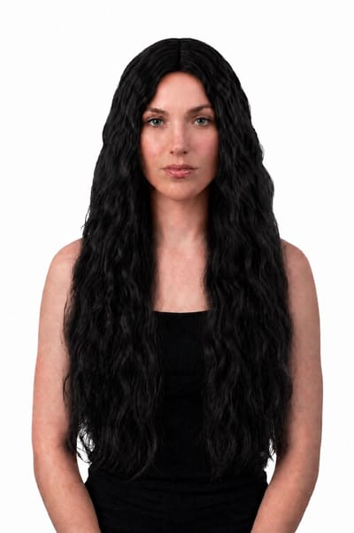 KIMU® Luxe Lange Zwarte Pruik Met Slag - Middenscheiding - Haarwerk met Krullen en Pony - Zwart Donker Duister Halloween Festival