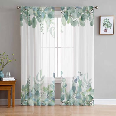 Lente Aquarel Plant Eucalyptus Bladeren Transparante Gordijnen voor Woonkamer Decoratie Raamgordijnen Keuken Tule Voile Gordijnen W135 x H115cm x1 white