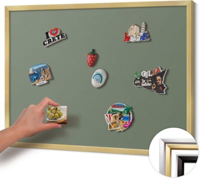 Wallfluent - Olijf Magneetbord Met Effen Achtergrond - 80 cm x 60 cm - Magneetbord met Gouden Frame - Olijfkleur - Magnetisch Bord voor aan de Wand - Magnetisch Bord Decoratief - Magneetbord met Effen Frame