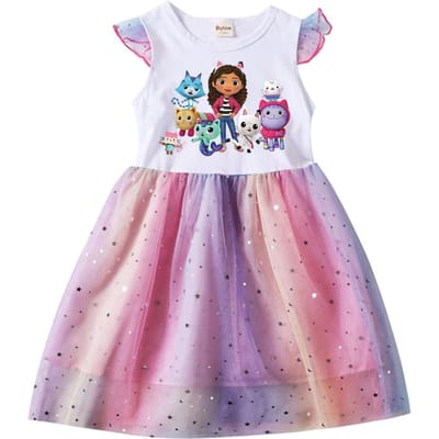 Maison de Poupées de Gabby pour Enfants Chats Robe de Princesse Été Décontracté Filles Robe en Maille Arc-en-ciel Enfants Carnaval Mariage Fête d'Anniversaire Robe 100 3T blanc