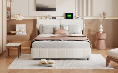 160x200cm Tweepersoonsbed Met 4 Zijdeladen, USB-Poort, PU-Leder Bekleding, Modern En Praktisch Bed Voor Slaapkamer, Wit
