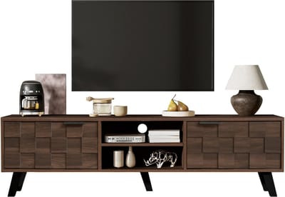 Moderne tv-kast met 2 deuren en 2 open vakken in donkere houtnerf – 160,5 x 35,5 x 45 cm