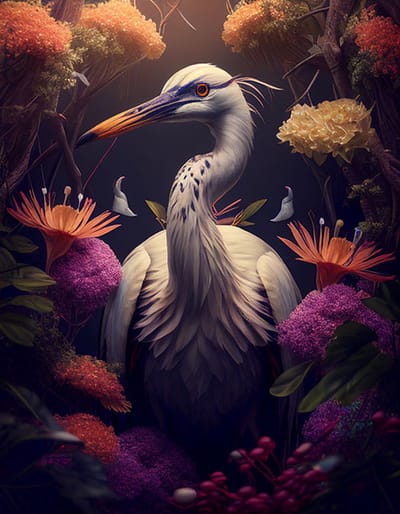 AI - Woondecoratie - Poster - Dieren - Kraanvogel - Bloemen en jungle - 46 - 70 x 100 cm