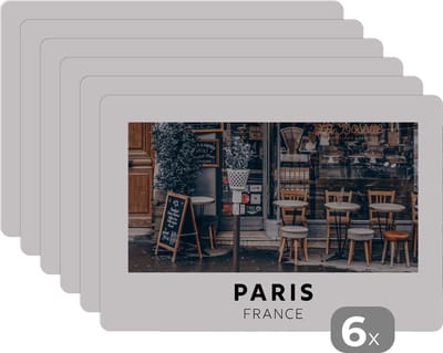 Placemat - Placemats kunststof - Parijs - Frankrijk - Café - 45x30 cm - 6 stuks - Hittebestendig - Anti-Slip - Onderlegger - Afneembaar