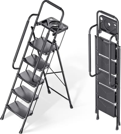 Opvouwbare Ladder - Huishoudtrap Keuken - Klus Werk - Zware Stevige Staal - 5 Treden - Zwart