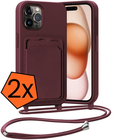 Hoesje Geschikt voor iPhone 14 Pro Hoesje Met Telefoonketting Pasjeshouder Case Koord - Hoesje Geschikt voor iPhone 14 Pro Hoes Met Kaarthouder - Aubergine - 2 PACK