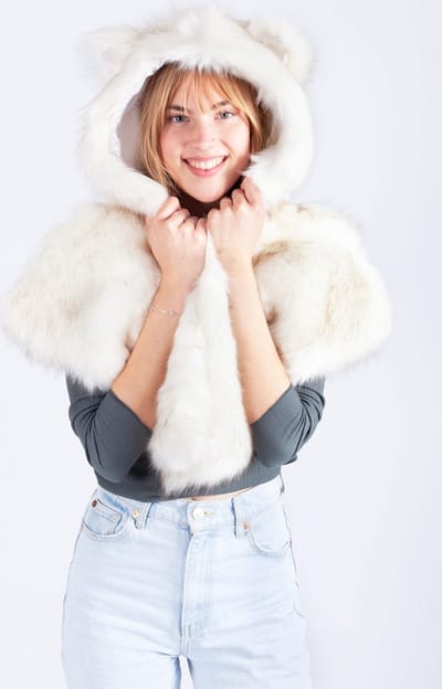 KIMU® Poncho Cape Witte Wolf - Hood Muts Bontjas Oortjes Bont Spirit Vos Beer Festival