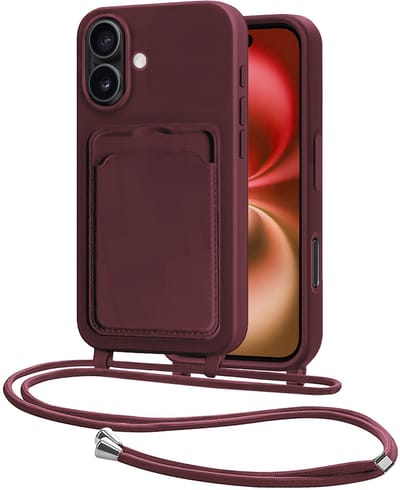 Hoes Geschikt voor iPhone 16 Plus Hoesje Pasjeshouder Cover Met Koord Case Siliconen Hoes Met Telefoonkoord en Kaarthouder - Aubergine