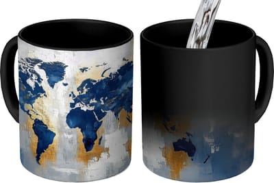 Magische Mok - Foto op Warmte Mokken - Koffiemok - Wereldkaart - Blauw - Abstract - Magic Mok - Beker - 350 ML - Theemok