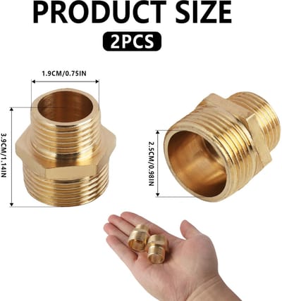 Set van 2 messing verloopstukken 3/4 inch naar 1/2 inch, adapter 1/2 inch naar 3/4 inch, slangaansluiting en waterbuis-verloopadapter, hoogwaardige messing reduceerbussen voor sanitaire installaties