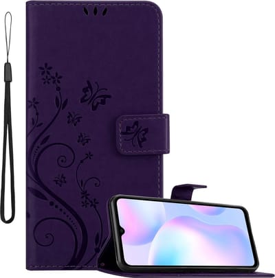 Cadorabo Hoesje geschikt voor Xiaomi RedMi 9A / RedMi 9AT in BLOEMEN DONKER PAARS - Beschermhoes in bloemmotief met magnetische sluiting, standfunctie en kaartsleuven Book Case Cover Etui