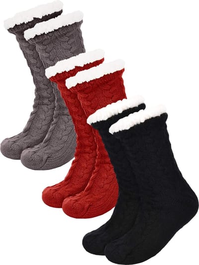 JAXY Huissokken - Huissokken Dames en Heren - Verwarmde sokken - Anti Slip Sokken - Fleece Sokken - Dikke Sokken - Fluffy Sokken - Slofsokken - Warme Sokken - Bedsokken - Gevoerde Sokken - Winter Sokken - 3 Paar - Zwart, Grijs en Rood