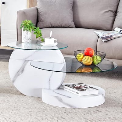 Glazen Salontafel - Moderne Woonkamertafel - Centraal Meubelstuk - Twee Niveaus - 90x70x44 cm - Wit Marmerlook