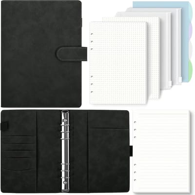 QTTVBTNA A5 Ringband Notitieboek – Hervulbaar met 135 Vellen Papier – PU Leren Binder – Met Vakken & Indeling – Zwart