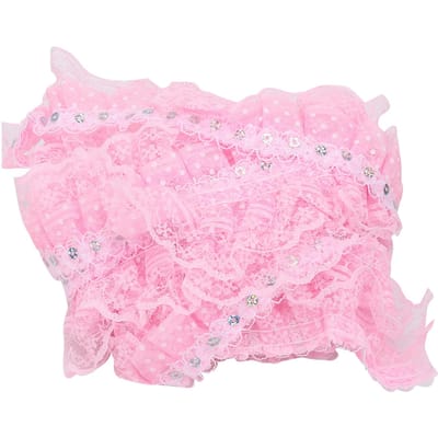 5 meter meerkleurig 45 mm bedrukt stippen geplooid biesje gaas kant lint naaipailletten geborduurd doe-het-zelf roze