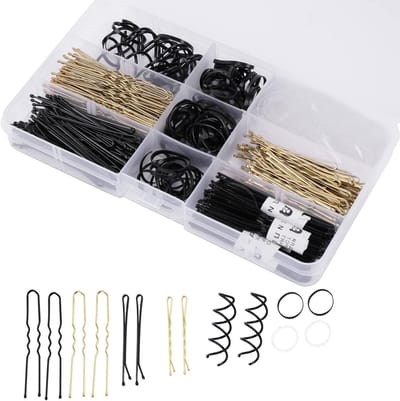 343-delige Haarsieraden Set met Metalen Haarspelden, Rubber Bands en Opslagdoos - Zwart en Goud, Inclusief Bobby Pins en Spiraalclips