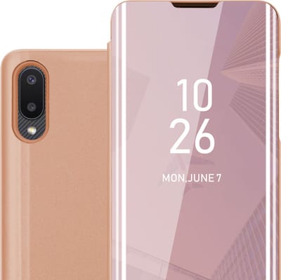 Cadorabo Hoesje geschikt voor Samsung Galaxy A02 / M02 in KUNZIET ROZE - Clear View Spiegel Beschermende Case met Tribunefunctie 360 Graden Bescherming Book Case Cover Etui