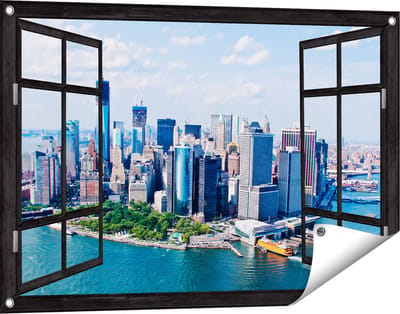 Gards Tuinposter Doorkijk New York Als een Eiland vanuit de Lucht - 90x60 cm - Tuindoek - Tuindecoratie - Wanddecoratie buiten - Tuinschilderij