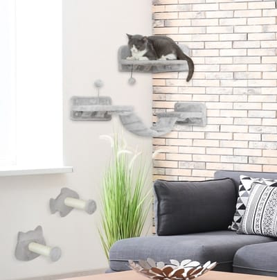 MEUNIQ katten klimwand set 4-delig met sisaltreden, dubbel platform, speelbal en wandmontage, krabmeubel voor klimmen en krabben, lichtgrijs