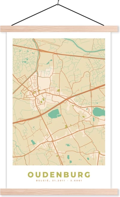 Posterhanger incl. Poster 40x60 cm - Schoolplaat - Stadskaart - Oudenburg - Kaart - Plattegrond - België - Textielposter - Blanke latten - Stadskaart