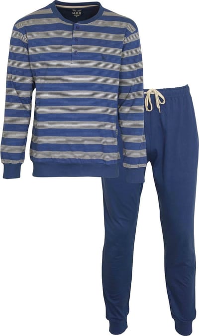 MEQ Heren Pyjama - Polo Sluiting - Beige Strepen - Blauw - Maat S