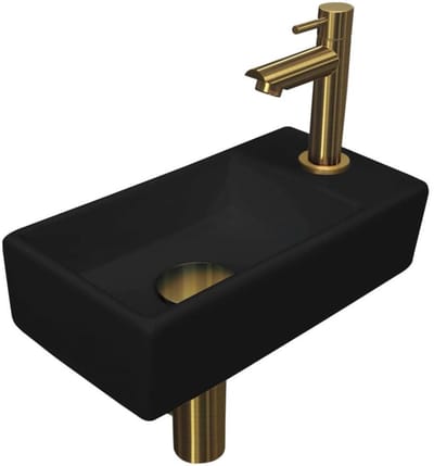 INK - Fonteinpack Porselein Rechts incl. Fonteinkraan - Design Sifon - Design Plug en Montageset - 360x180x90 Mm - Mat Zwart/brushed Mat Goud