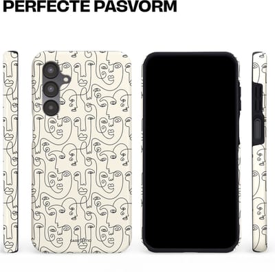 Casetastic hoesje geschikt voor Samsung Galaxy A16 - Dubbellaagse bescherming - Art Deco Creme Abstractie Lijntekening Gezichten - Fashion Case - Zilver Crème Wit