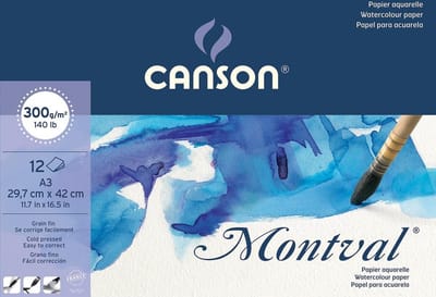 Montval aquarelpapier, wit met fijne korrel 300 g/m², ft A3, blok met 12 vellen