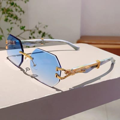Dernières Lunettes de Soleil sans Monture Aspect Bois Jambes Léopard Sensation Haut de Gamme Rétro Protection Solaire Conduite et Protection UV 400 gray