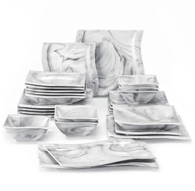 Luxe Serviesset – 26 delig – 6 persoons – Porselein - Bordenset – Dinner platen – Dessertborden - Kommen - Pastabord - Onderbord - Marmergrijs