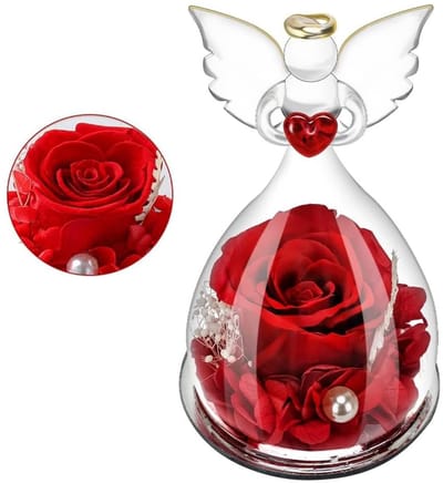 Dailygoods- Eeuwige Roos onder Beschermengel - Echte Roos in Engelglas - Cadeau voor Dames - Moederdag Cadeau - Handgemaakt - Symboliseert Eeuwige Liefde - Geconserveerde Roos