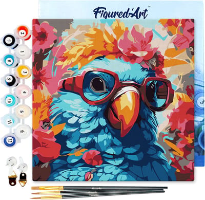 Figured'Art Mini Schilderen op Nummer Volwassenen 20x20cm met lijst Fantasie papegaai en bloemen - Klein Formaat Creatieve Hobby Kit DIY Art Nummer Compleet