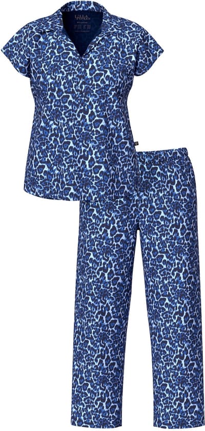 Ulla Popken - Dames - Pyjama luipaardpatroon overhemdkraag korte mouwen - Nachtblauw - Maat 42+