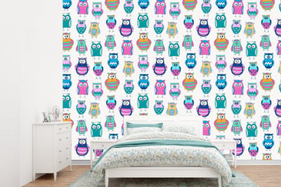 Behang - Fotobehang Regenboog - Uil - Cartoon - Breedte 360 cm x hoogte 260 cm